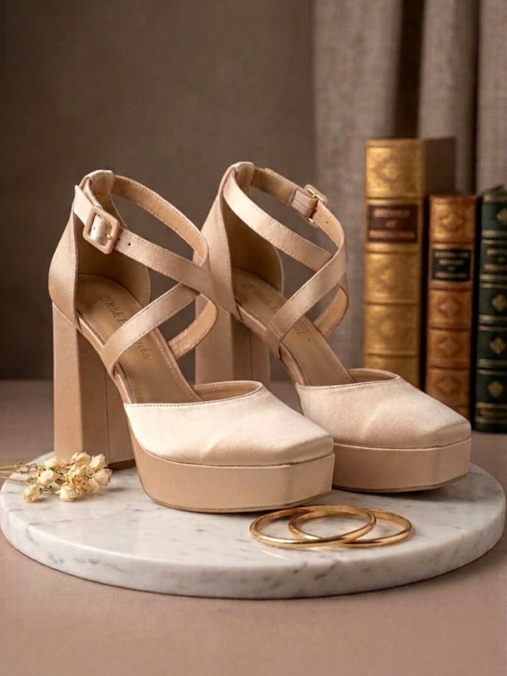 Block Heel Satin Platform Shoes With Cross-Strap Design Elegant Champagne Evenin
